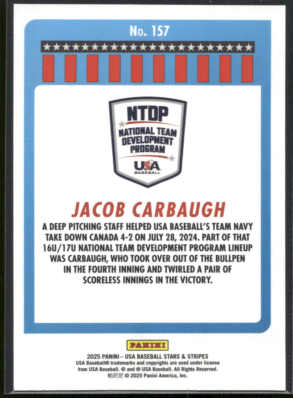 2025 Panini Stars & Stripes USA Baseball #157 Jacob Carbaugh