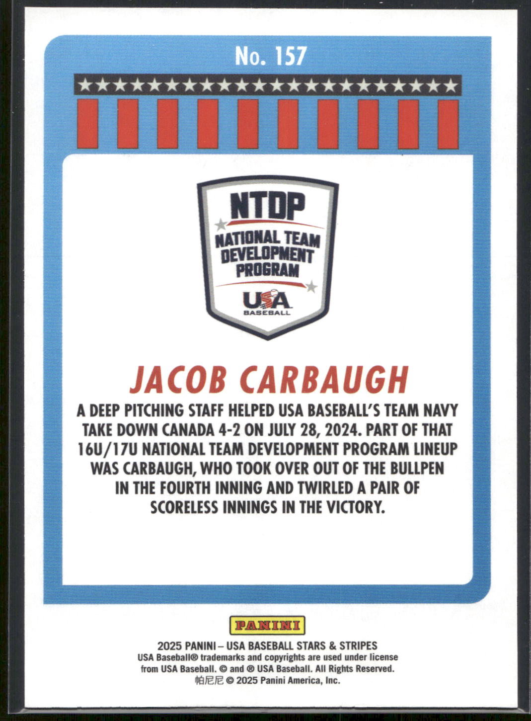 2025 Panini Stars & Stripes USA Baseball #157 Jacob Carbaugh