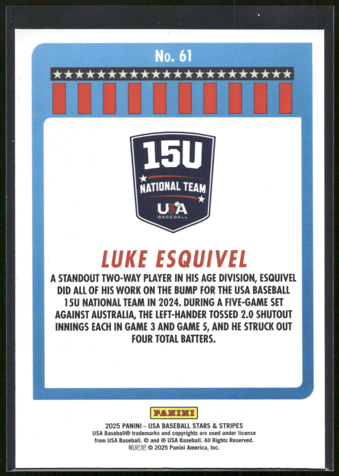 2025 Panini Stars & Stripes USA Baseball #61 Luke Esquivel