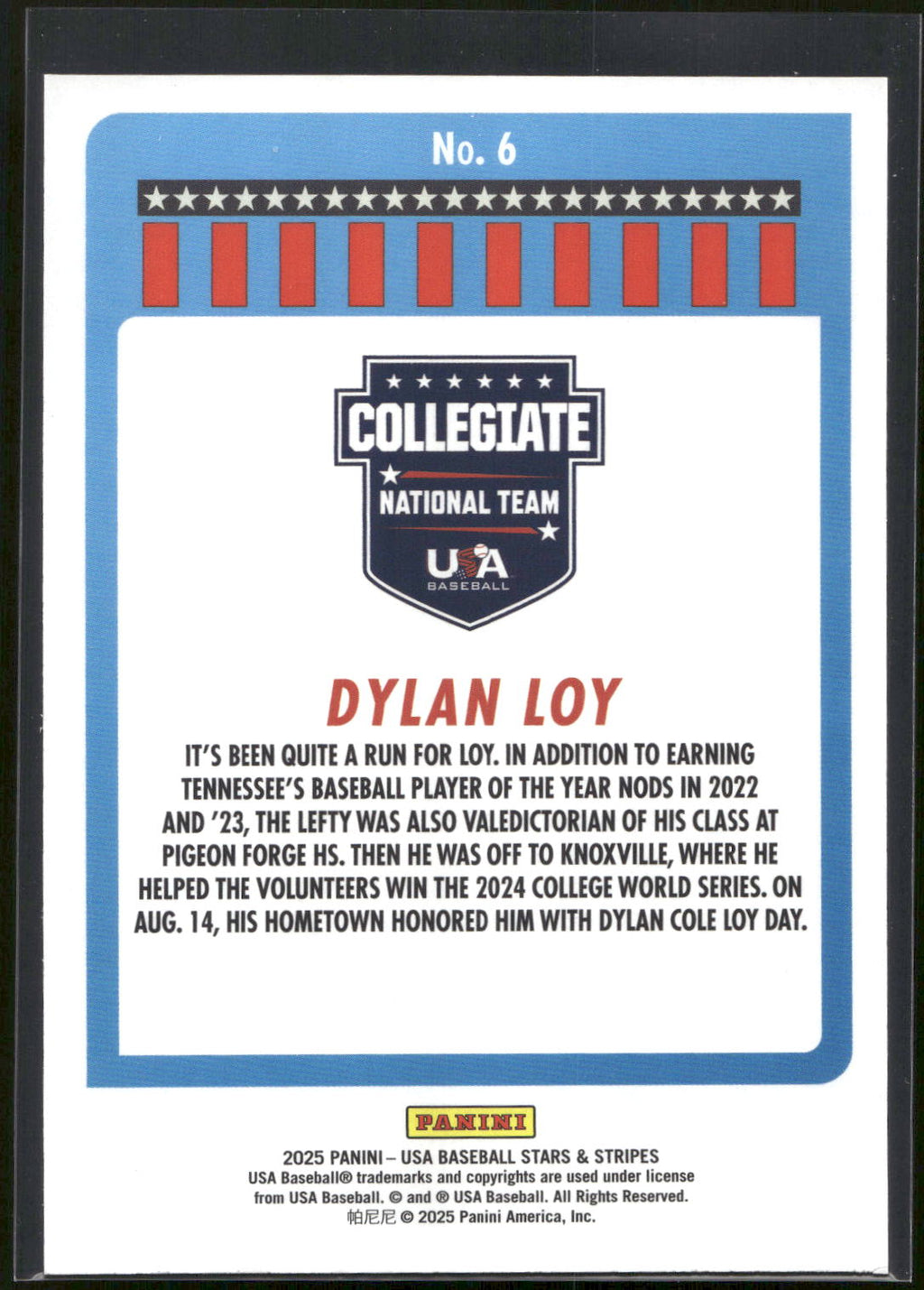 2025 Panini Stars & Stripes USA Baseball #6 Dylan Loy