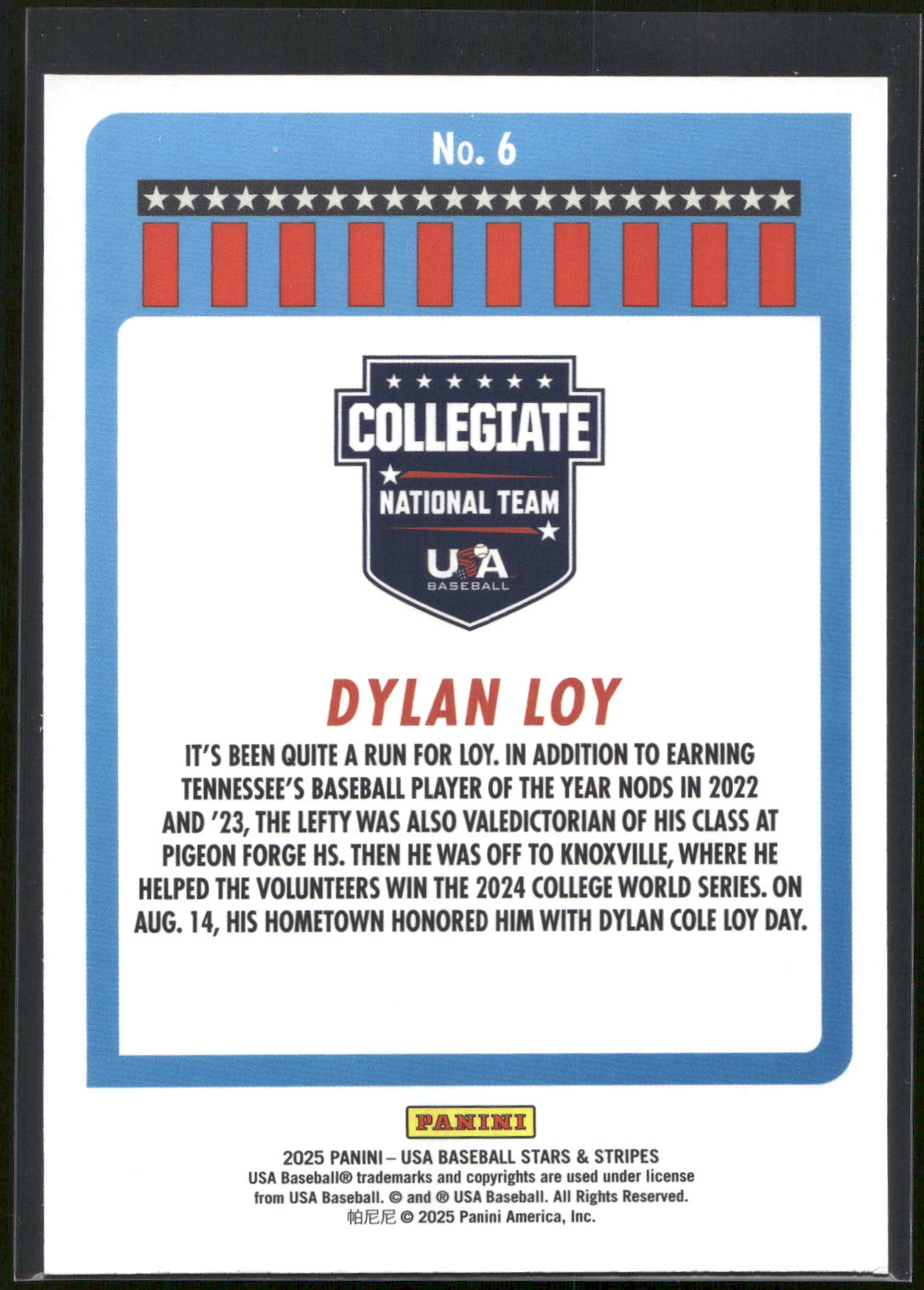 2025 Panini Stars & Stripes USA Baseball #6 Dylan Loy