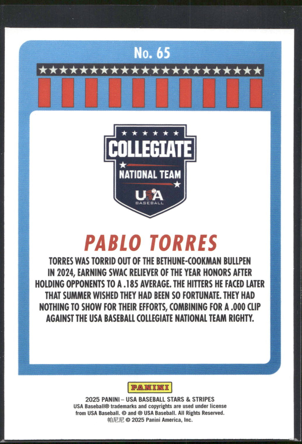 2025 Panini Stars & Stripes USA Baseball #65 Pablo Torres