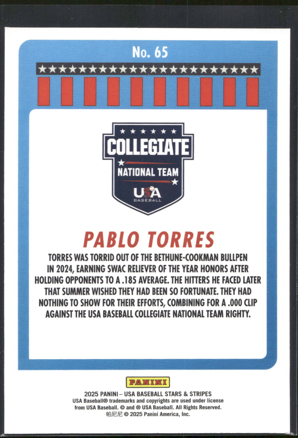2025 Panini Stars & Stripes USA Baseball #65 Pablo Torres