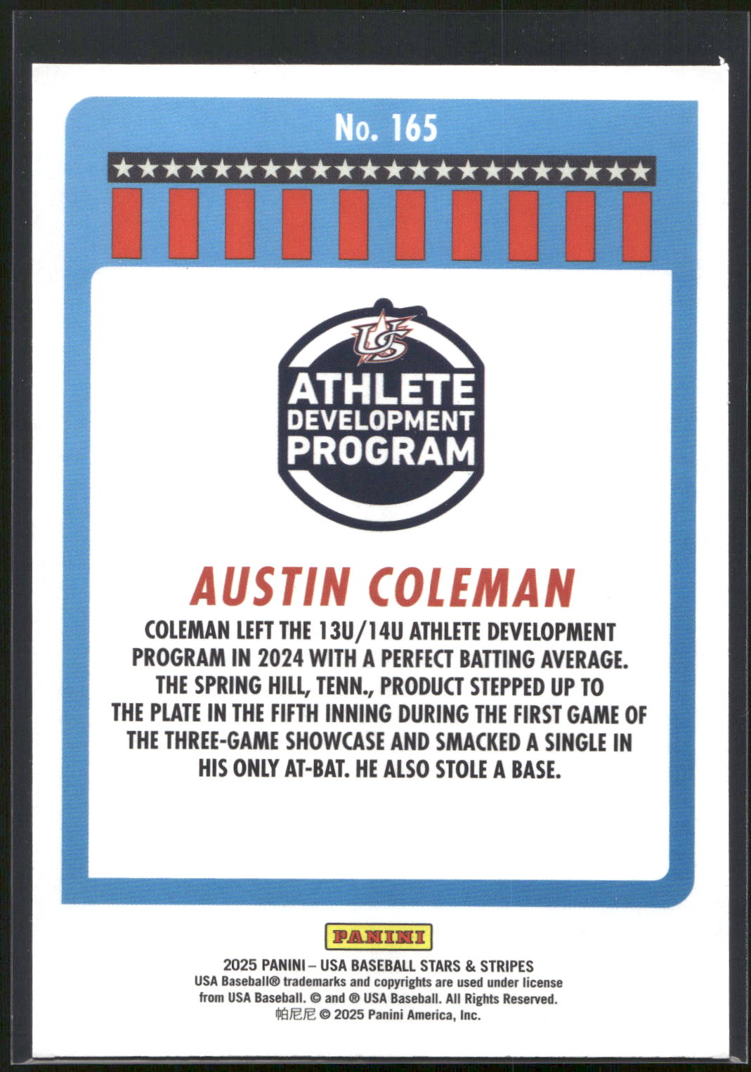 2025 Panini Stars & Stripes USA Baseball #165 Austin Coleman