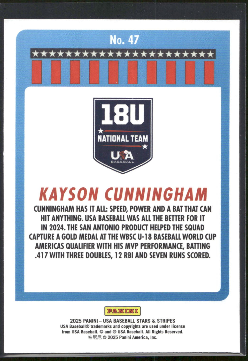 2025 Panini Stars & Stripes USA Baseball #47 Kayson Cunningham