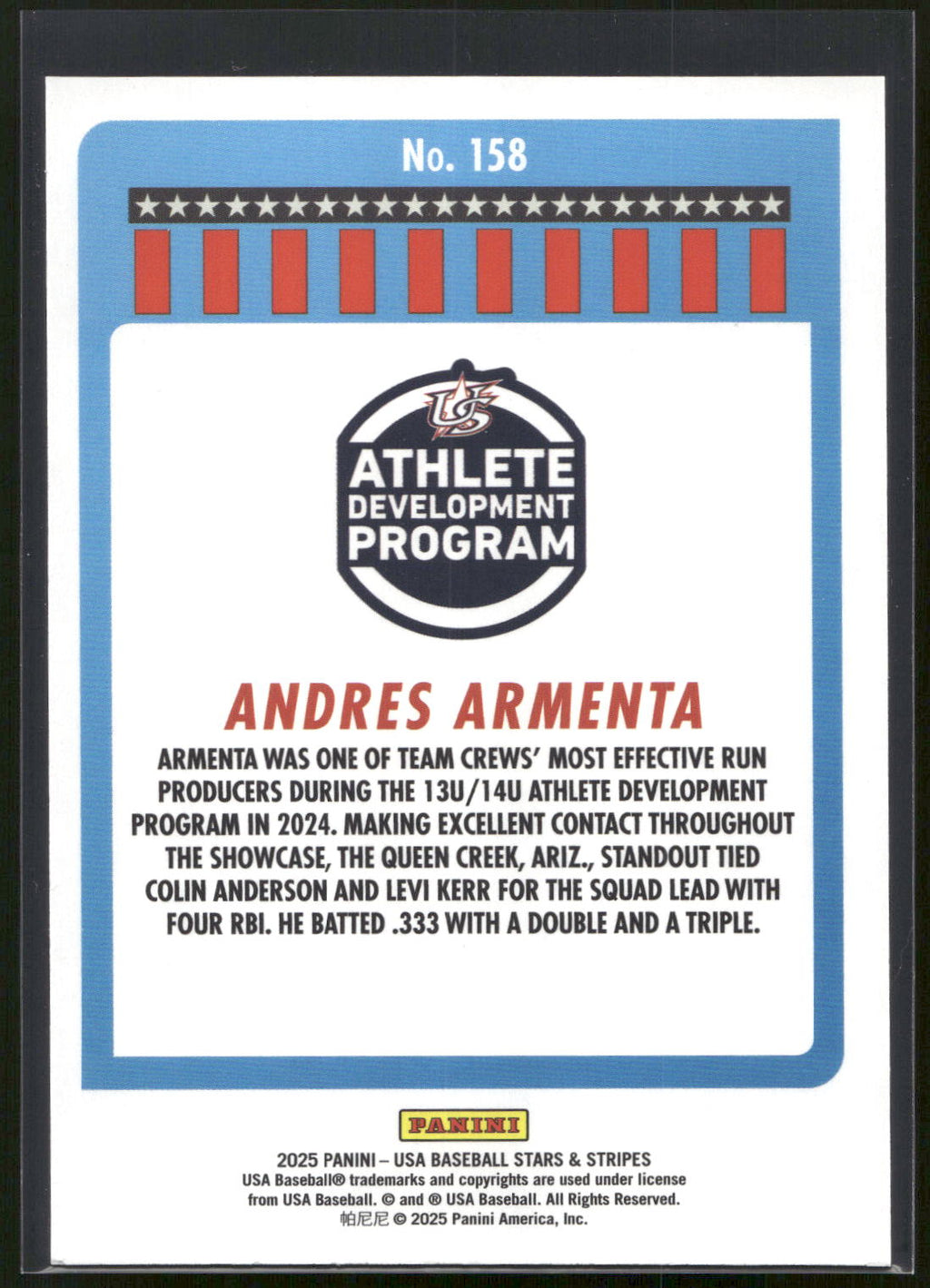 2025 Panini Stars & Stripes USA Baseball #158 Andres Armenta