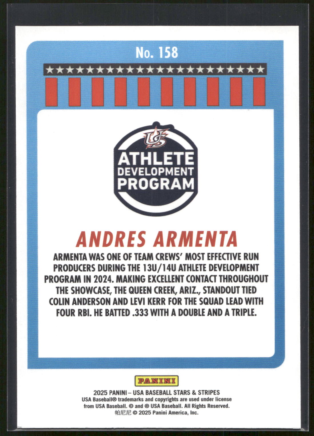 2025 Panini Stars & Stripes USA Baseball #158 Andres Armenta