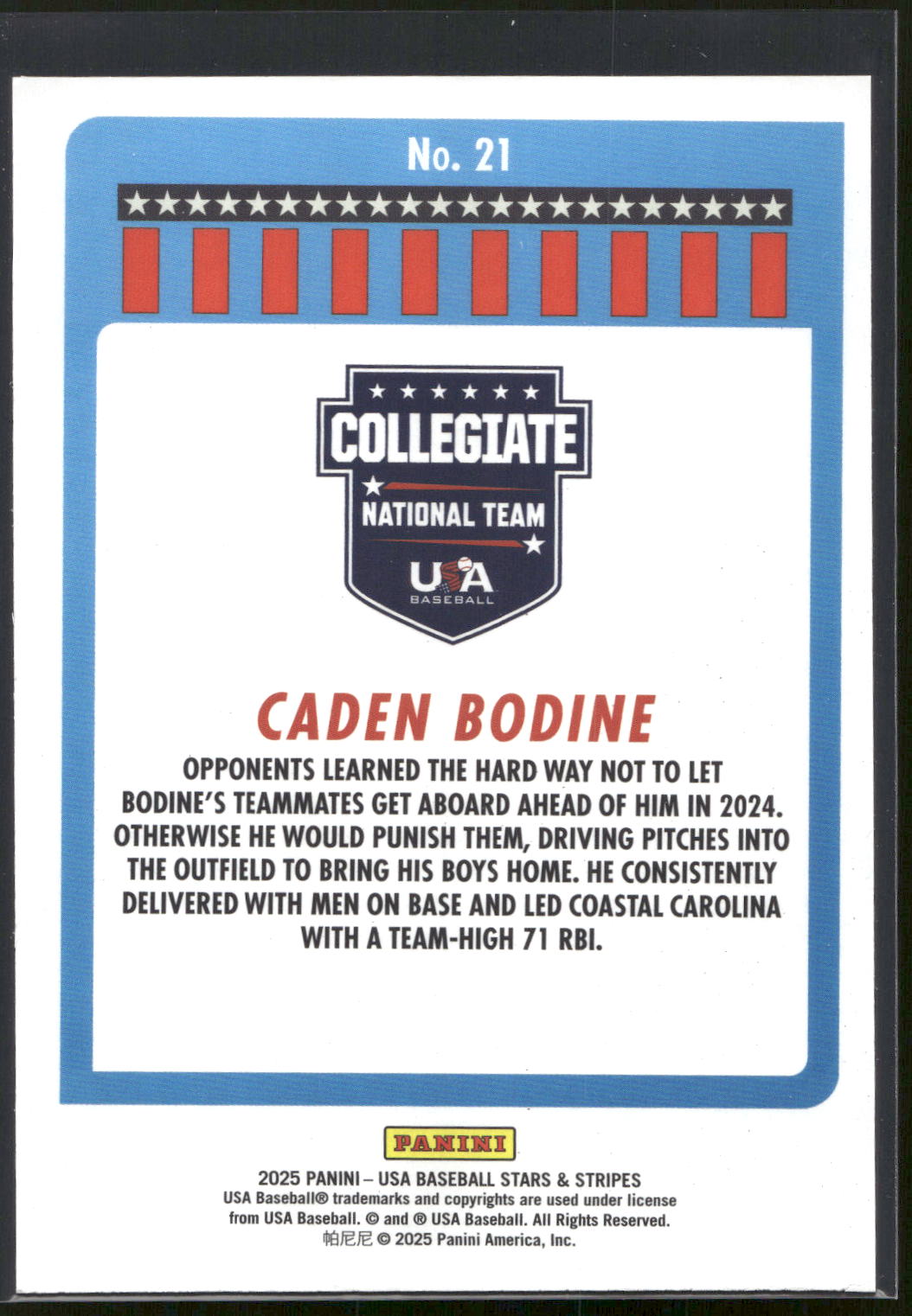 2025 Panini Stars & Stripes USA Baseball #21 Caden Bodine