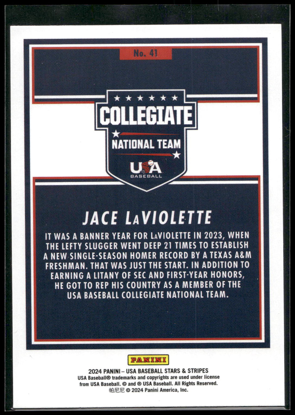 2024 Panini Stars & Stripes USA Baseball #41 Jace LaViolette Stripes