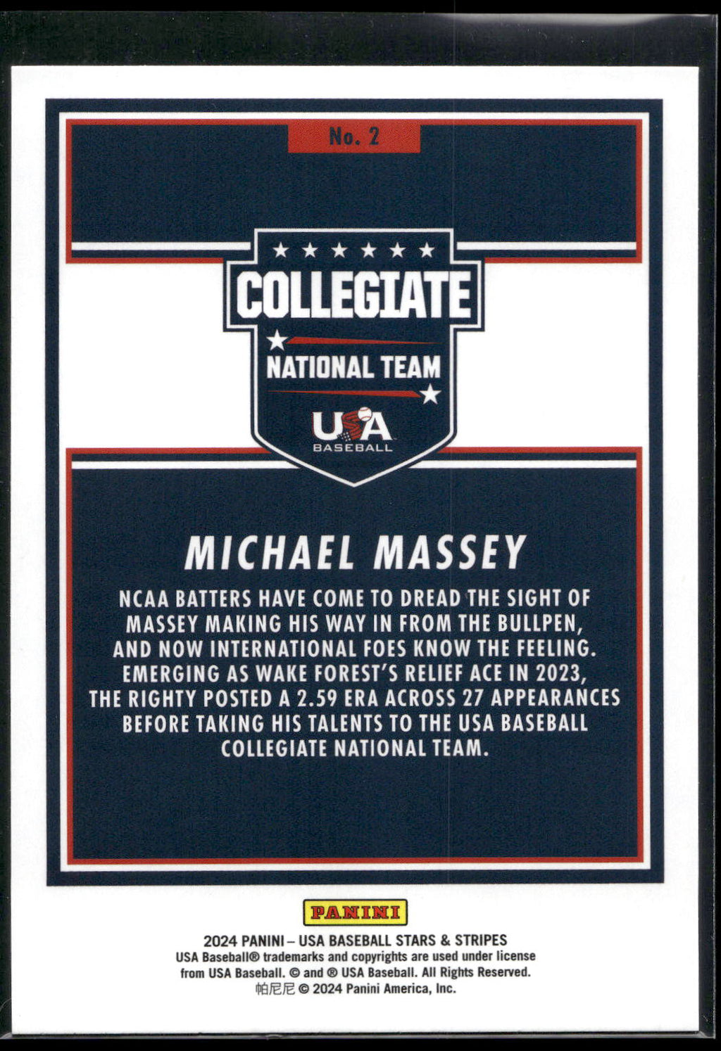 2024 Panini Stars & Stripes USA Baseball #2 Michael Massey Stripes