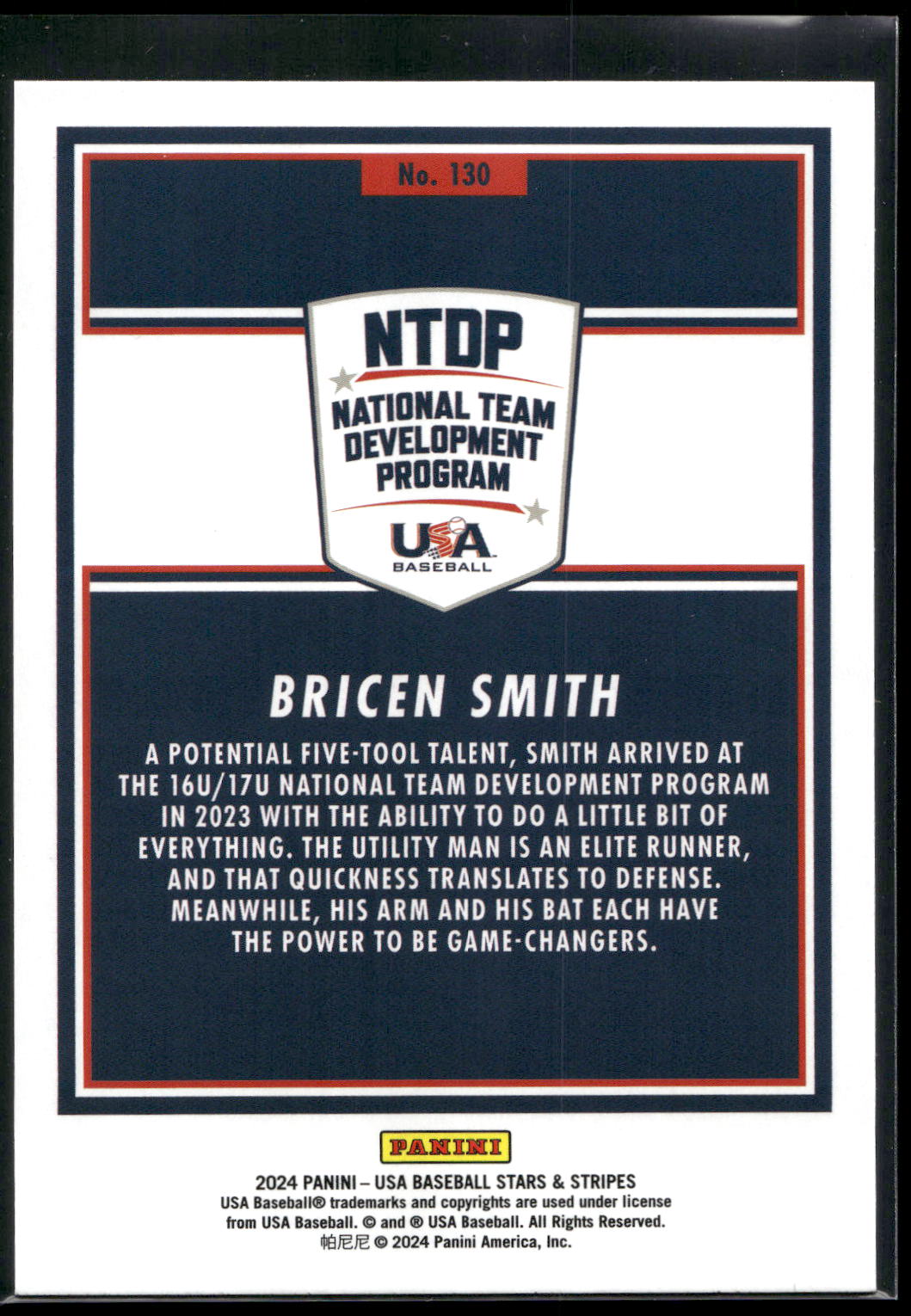 2024 Panini Stars & Stripes USA Baseball #130 Bricen Smith Stripes