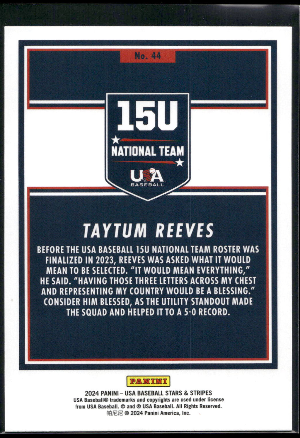 2024 Panini Stars & Stripes USA Baseball #44 Taytum Reeves Stripes