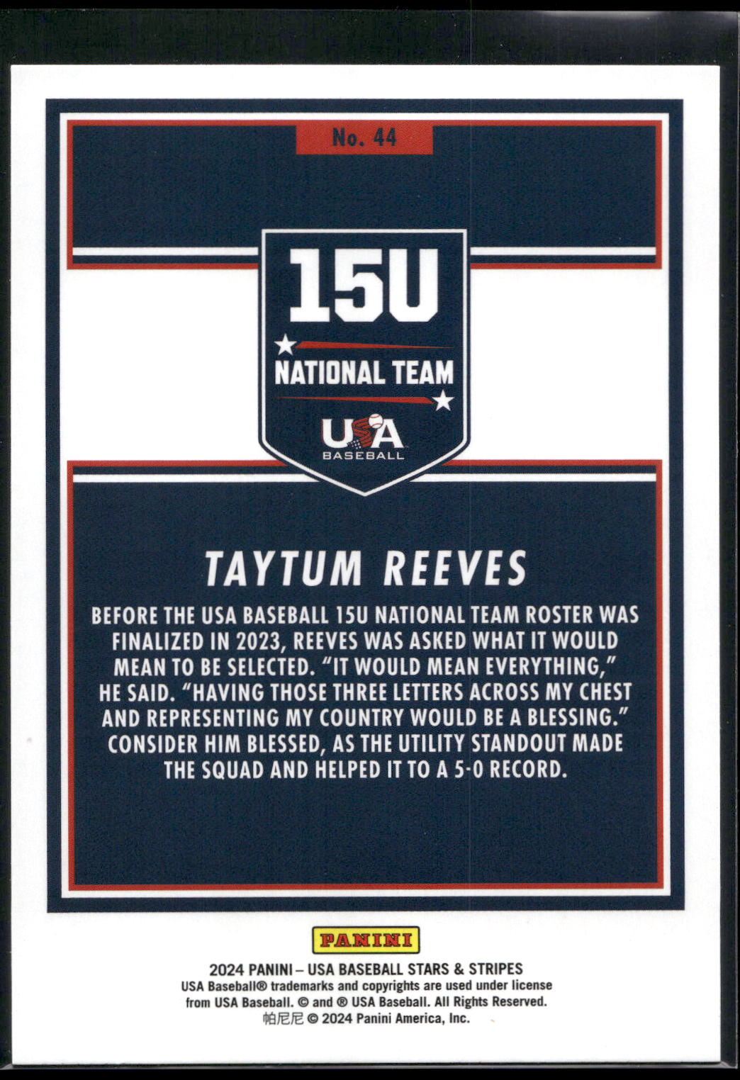 2024 Panini Stars & Stripes USA Baseball #44 Taytum Reeves Stripes