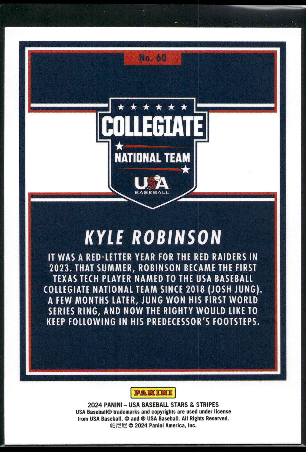 2024 Panini Stars & Stripes USA Baseball #60 Kyle Robinson Stripes