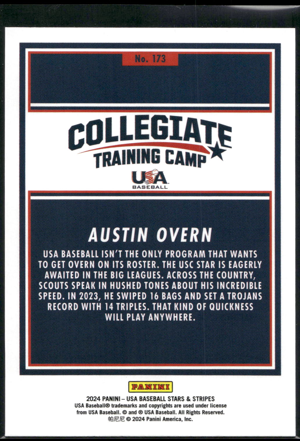 2024 Panini Stars & Stripes USA Baseball #173 Austin Overn Stripes