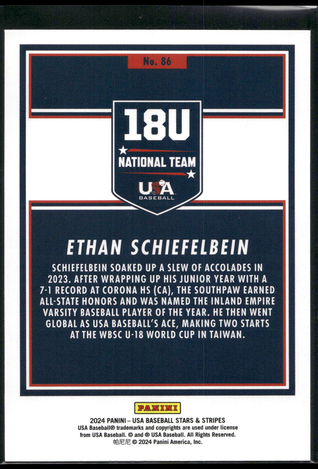 2024 Panini Stars & Stripes USA Baseball #86 Ethan Schiefelbein Stripes