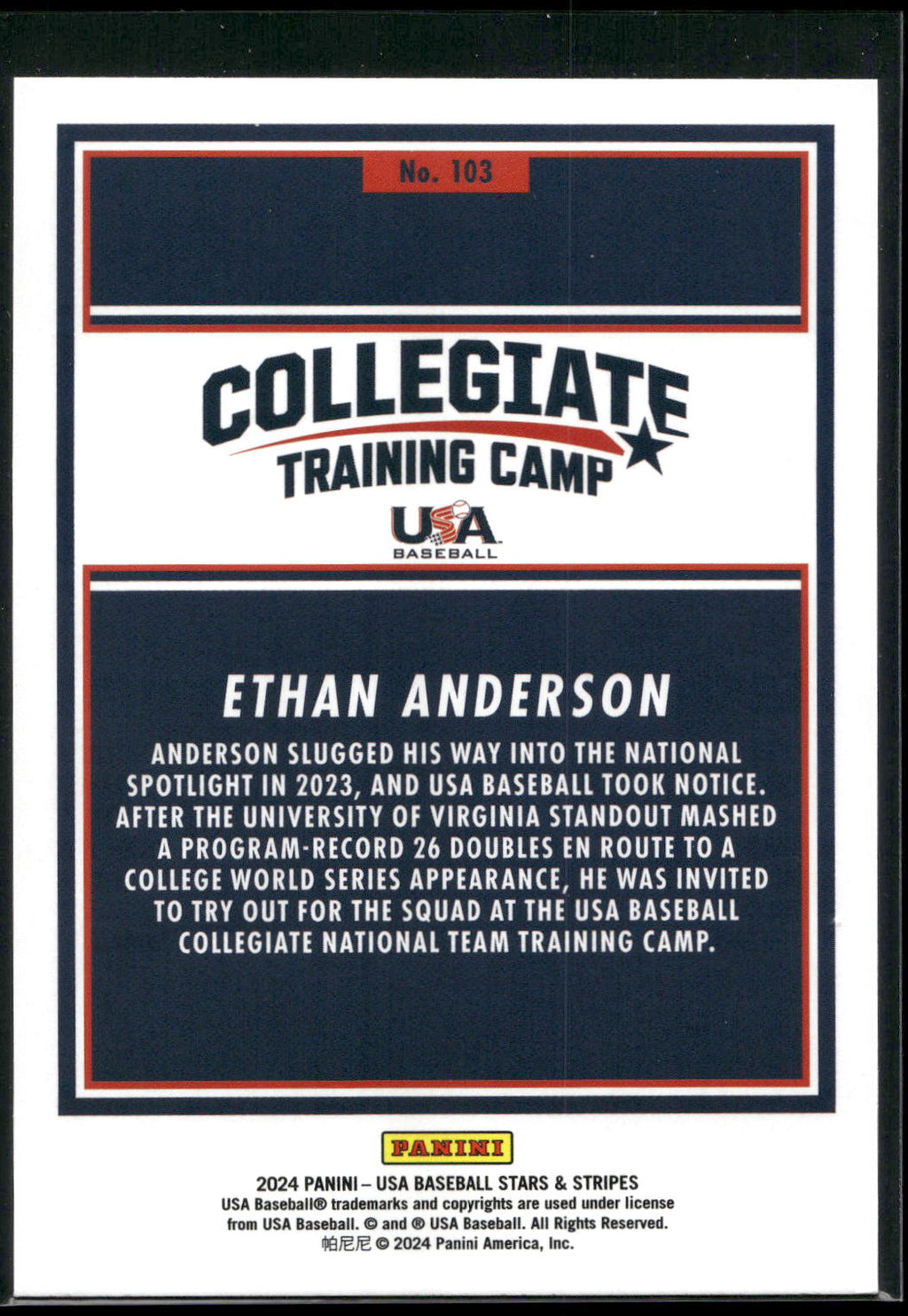 2024 Panini Stars & Stripes USA Baseball #103 Ethan Anderson Stripes