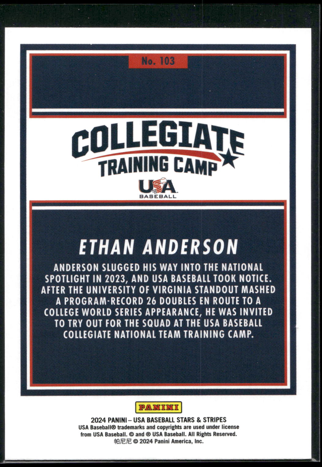 2024 Panini Stars & Stripes USA Baseball #103 Ethan Anderson Stripes