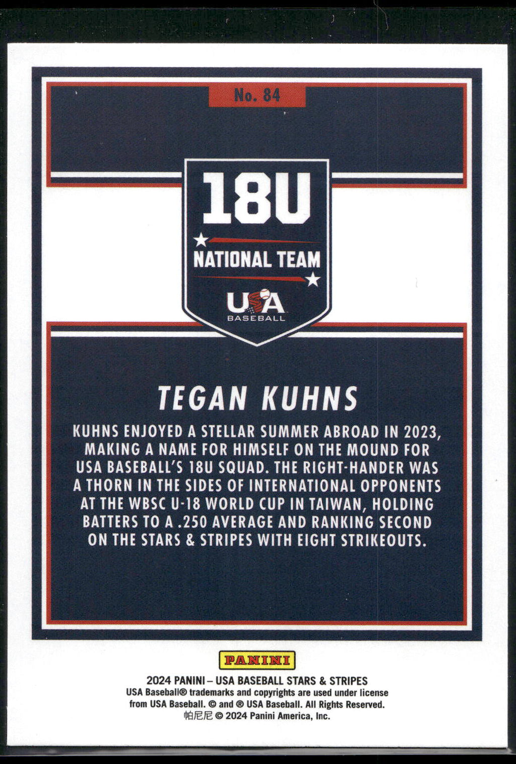 2024 Panini Stars & Stripes USA Baseball #84 Tegan Kuhns Stripes