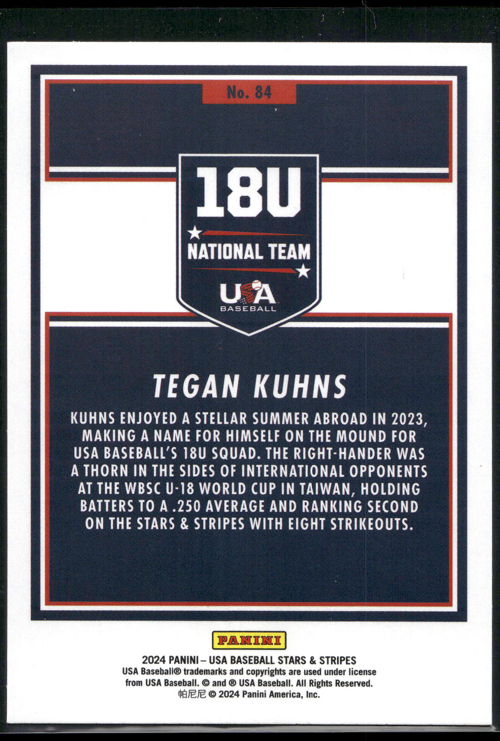 2024 Panini Stars & Stripes USA Baseball #84 Tegan Kuhns Stripes