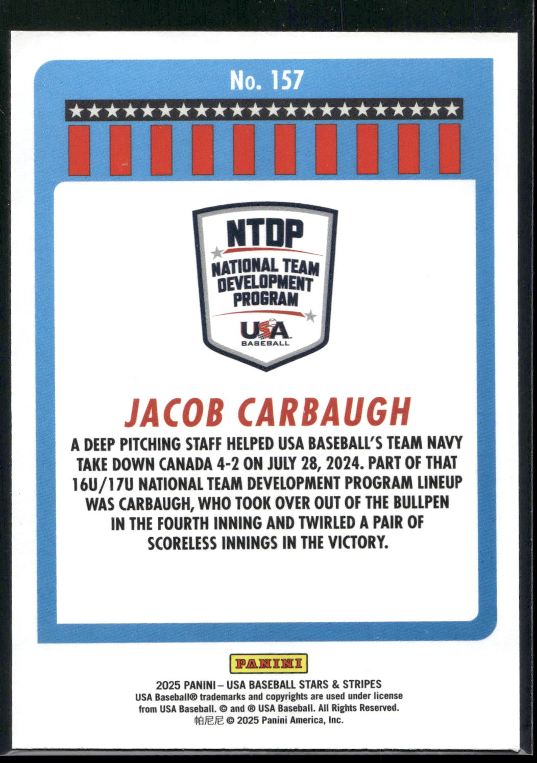 2025 Panini Stars & Stripes USA Baseball #157 Jacob Carbaugh Stripes