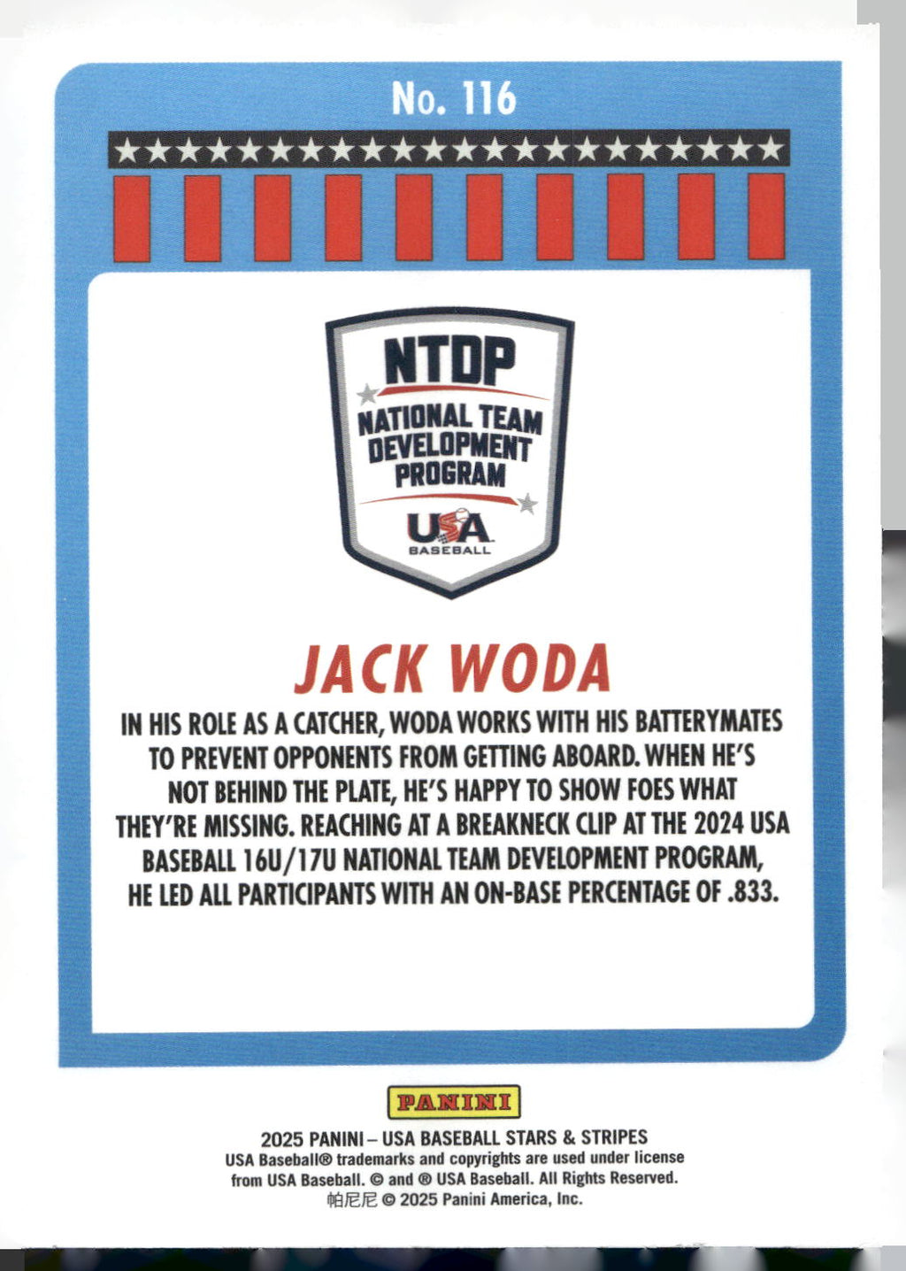 2025 Panini Stars & Stripes USA Baseball #116 Jack Woda Stripes