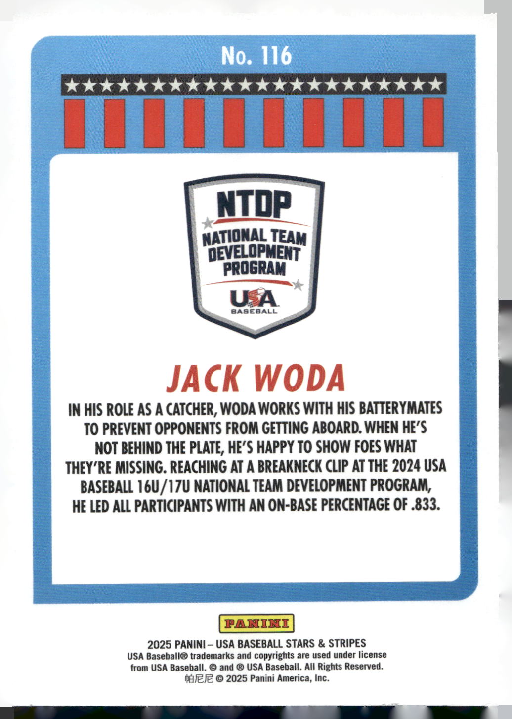 2025 Panini Stars & Stripes USA Baseball #116 Jack Woda Stripes