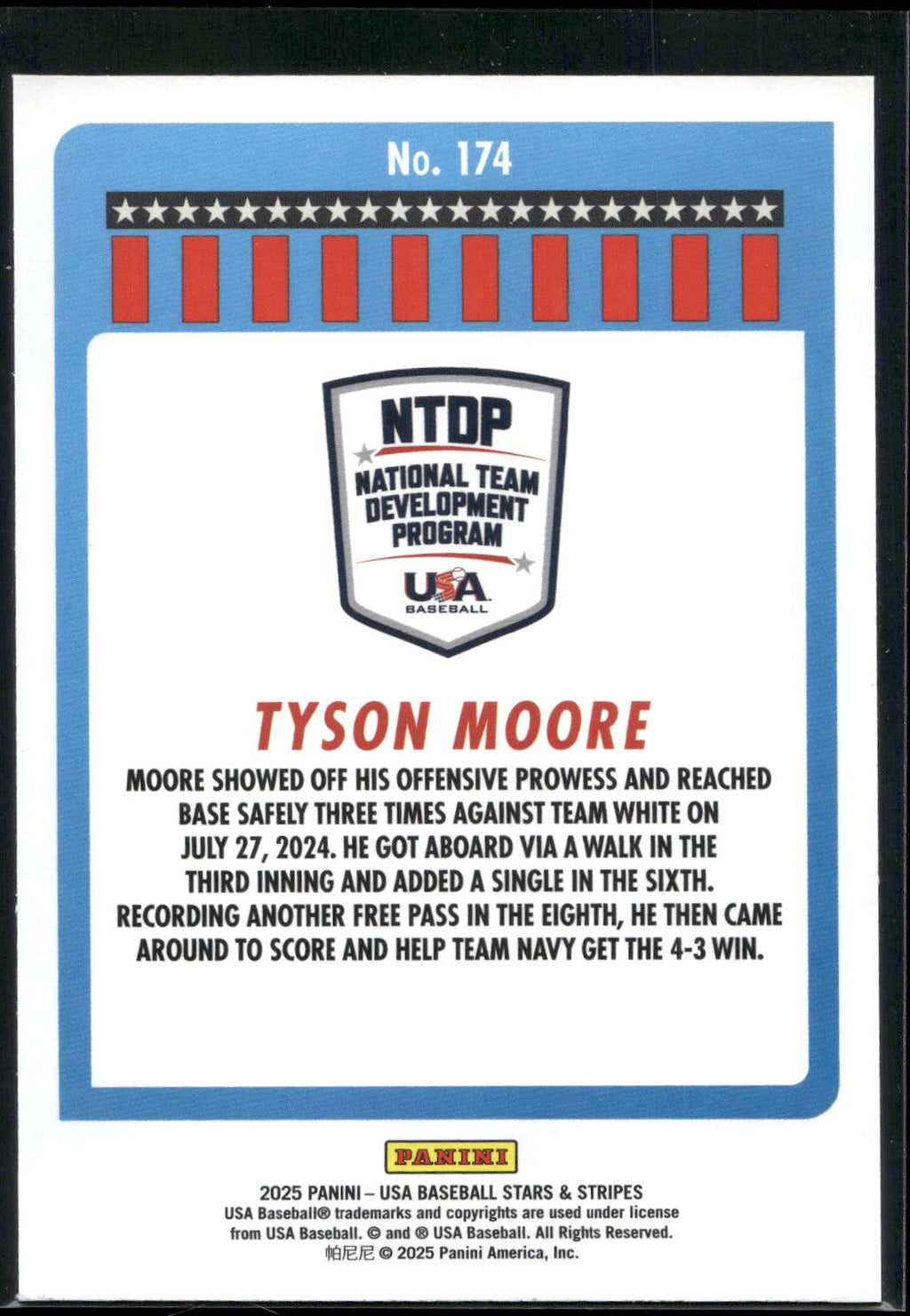 2025 Panini Stars & Stripes USA Baseball #174 Tyson Moore Stripes