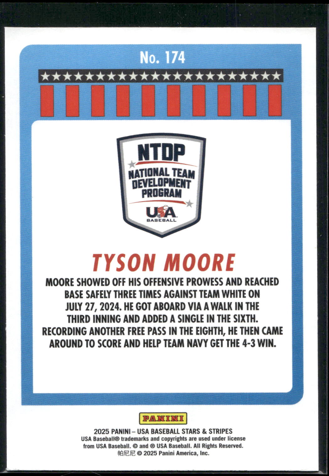 2025 Panini Stars & Stripes USA Baseball #174 Tyson Moore Stripes