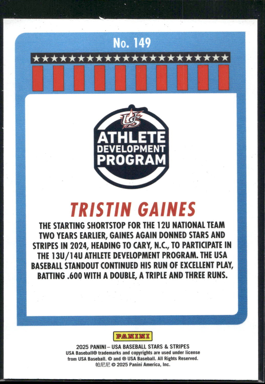 2025 Panini Stars & Stripes USA Baseball #149 Tristin Gaines Stripes