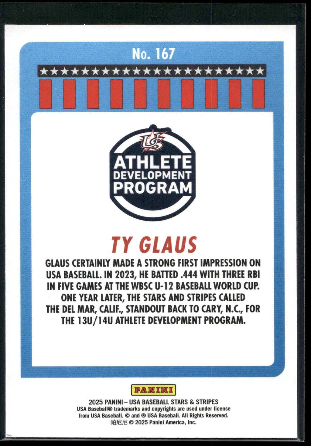 2025 Panini Stars & Stripes USA Baseball #167 Ty Glaus Stripes