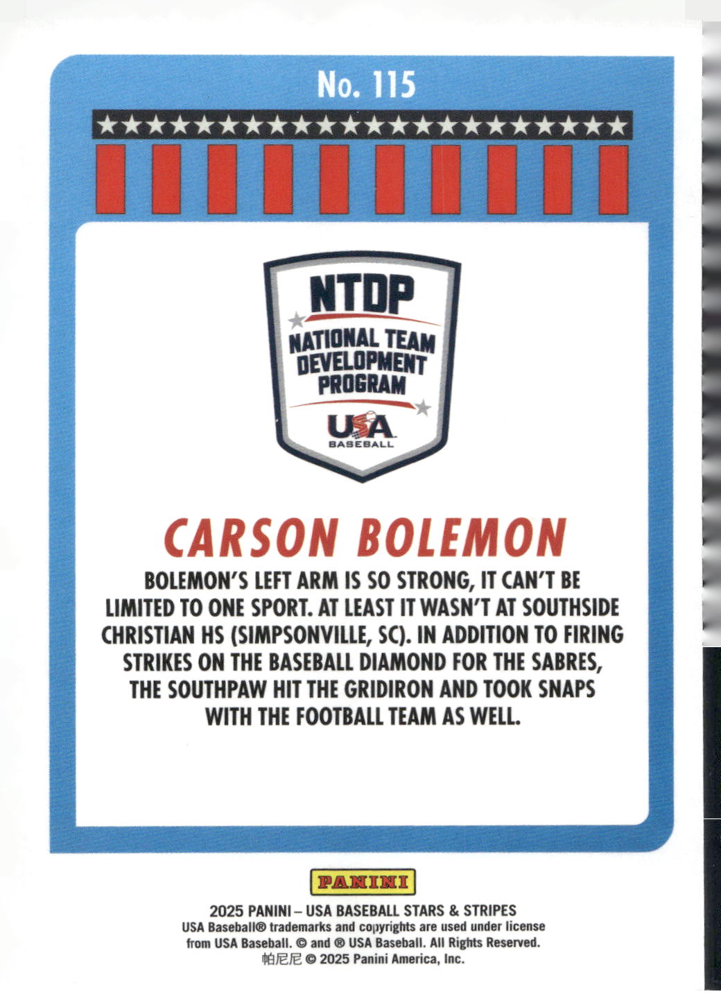 2025 Panini Stars & Stripes USA Baseball #115 Carson Bolemon Stripes