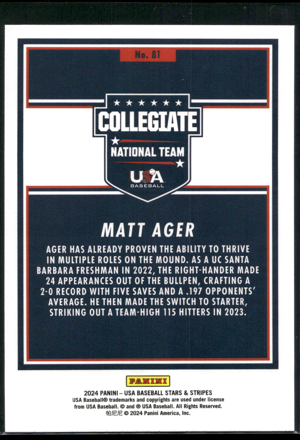 2024 Panini Stars & Stripes USA Baseball #81 Matt Ager Green