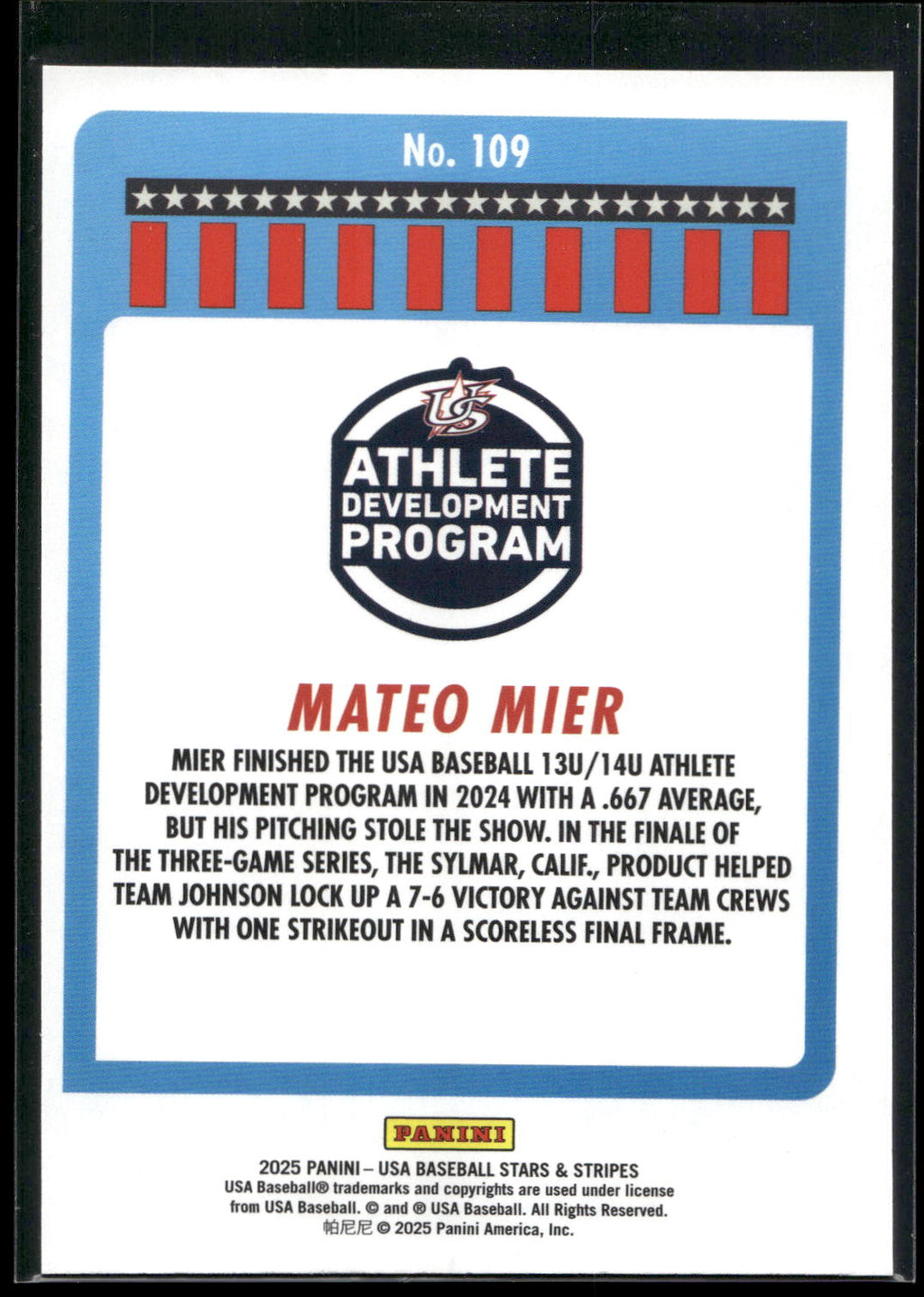 2025 Panini Stars & Stripes USA Baseball #109 Mateo Mier