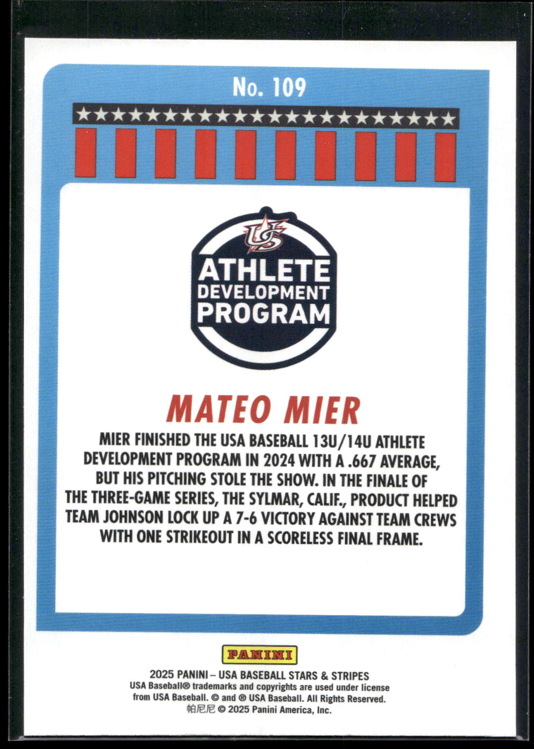 2025 Panini Stars & Stripes USA Baseball #109 Mateo Mier