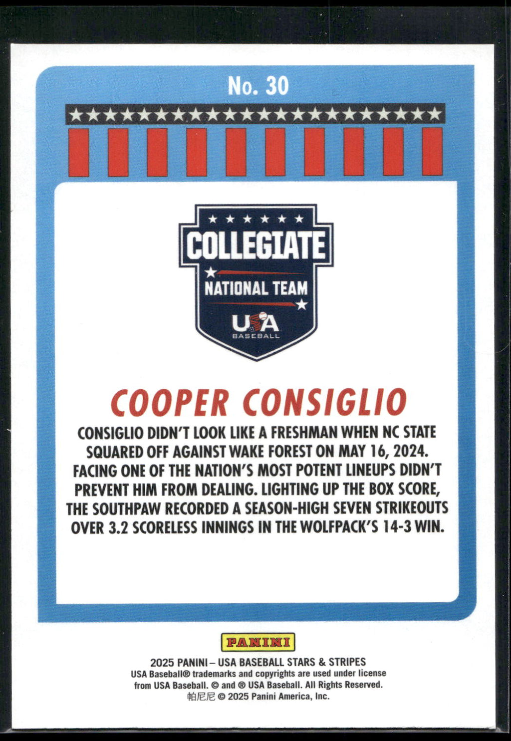 2025 Panini Stars & Stripes USA Baseball #30 Cooper Consiglio
