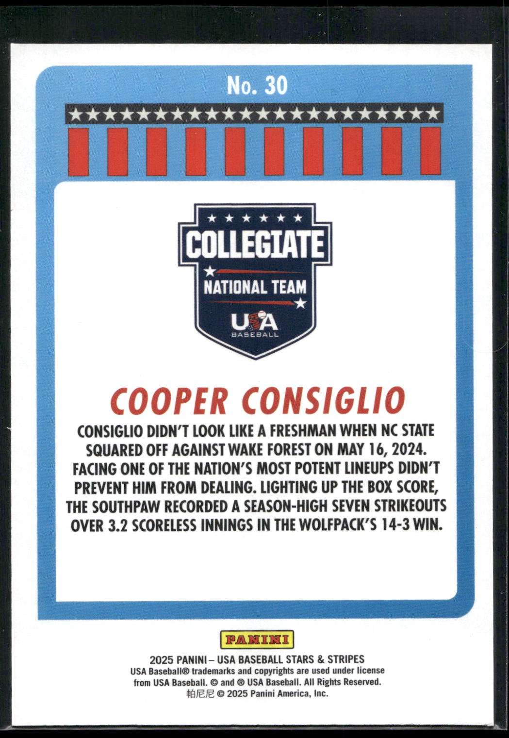 2025 Panini Stars & Stripes USA Baseball #30 Cooper Consiglio