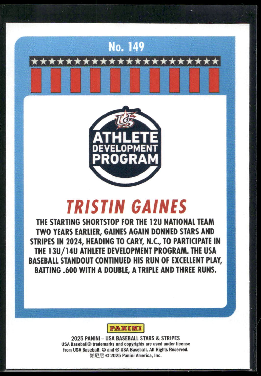 2025 Panini Stars & Stripes USA Baseball #149 Tristin Gaines