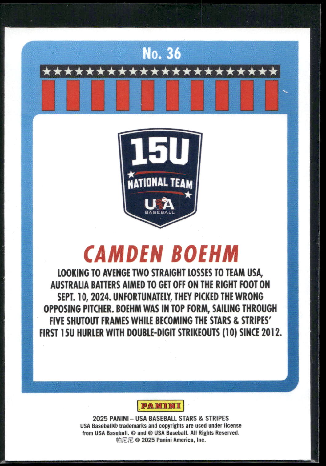 2025 Panini Stars & Stripes USA Baseball #36 Camden Boehm