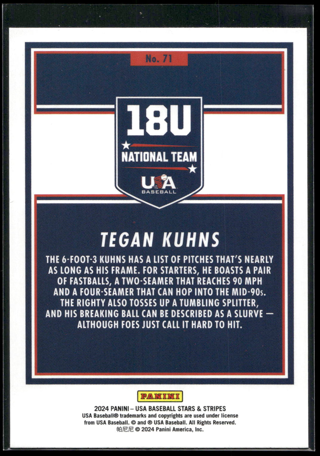 2024 Panini Stars & Stripes USA Baseball #71 Tegan Kuhns Stars