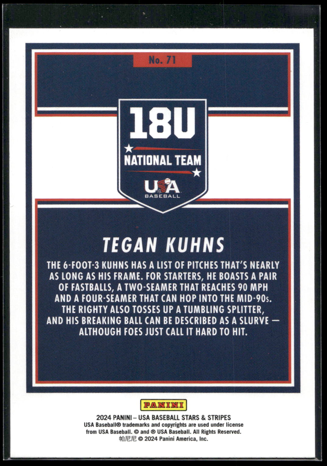 2024 Panini Stars & Stripes USA Baseball #71 Tegan Kuhns Stars