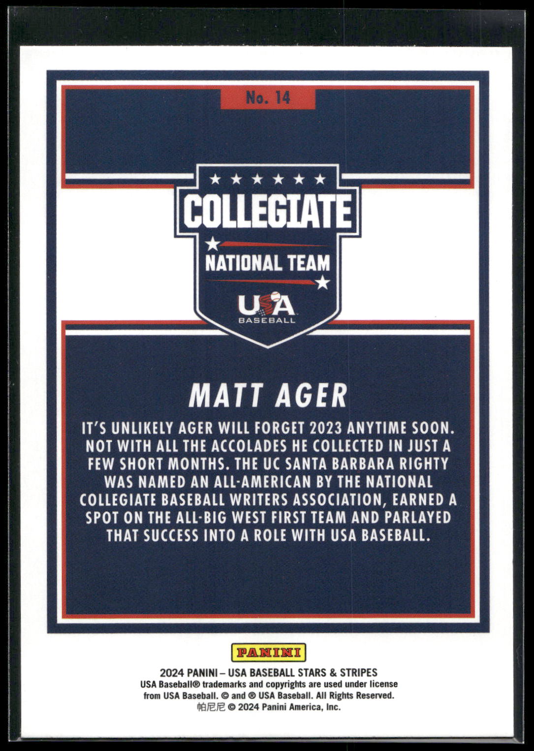 2024 Panini Stars & Stripes USA Baseball #14 Matt Ager Stars
