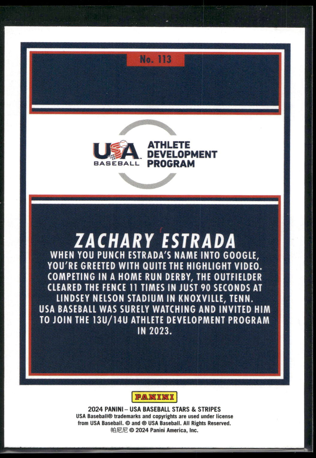 2024 Panini Stars & Stripes USA Baseball #113 Zachary Estrada Stars