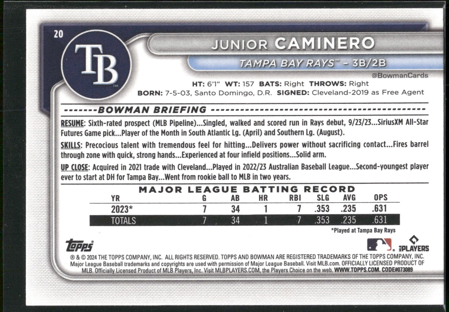2024 Bowman #20 Junior Caminero