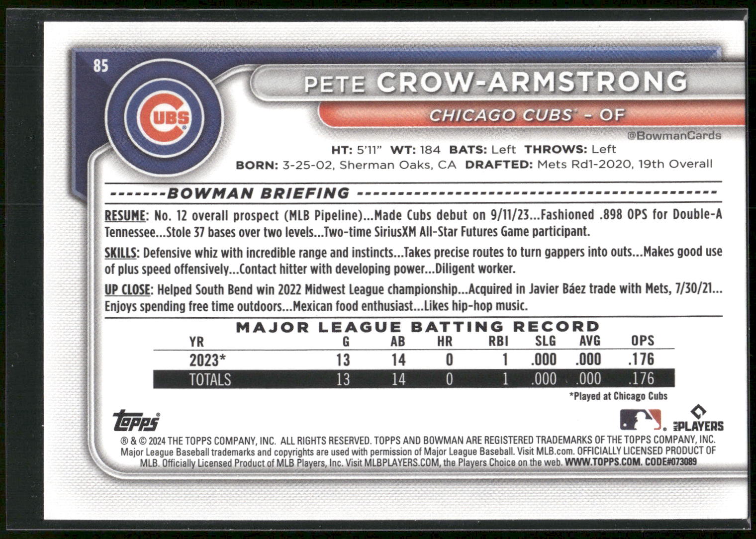 2024 Bowman #85 Pete Crow-Armstrong
