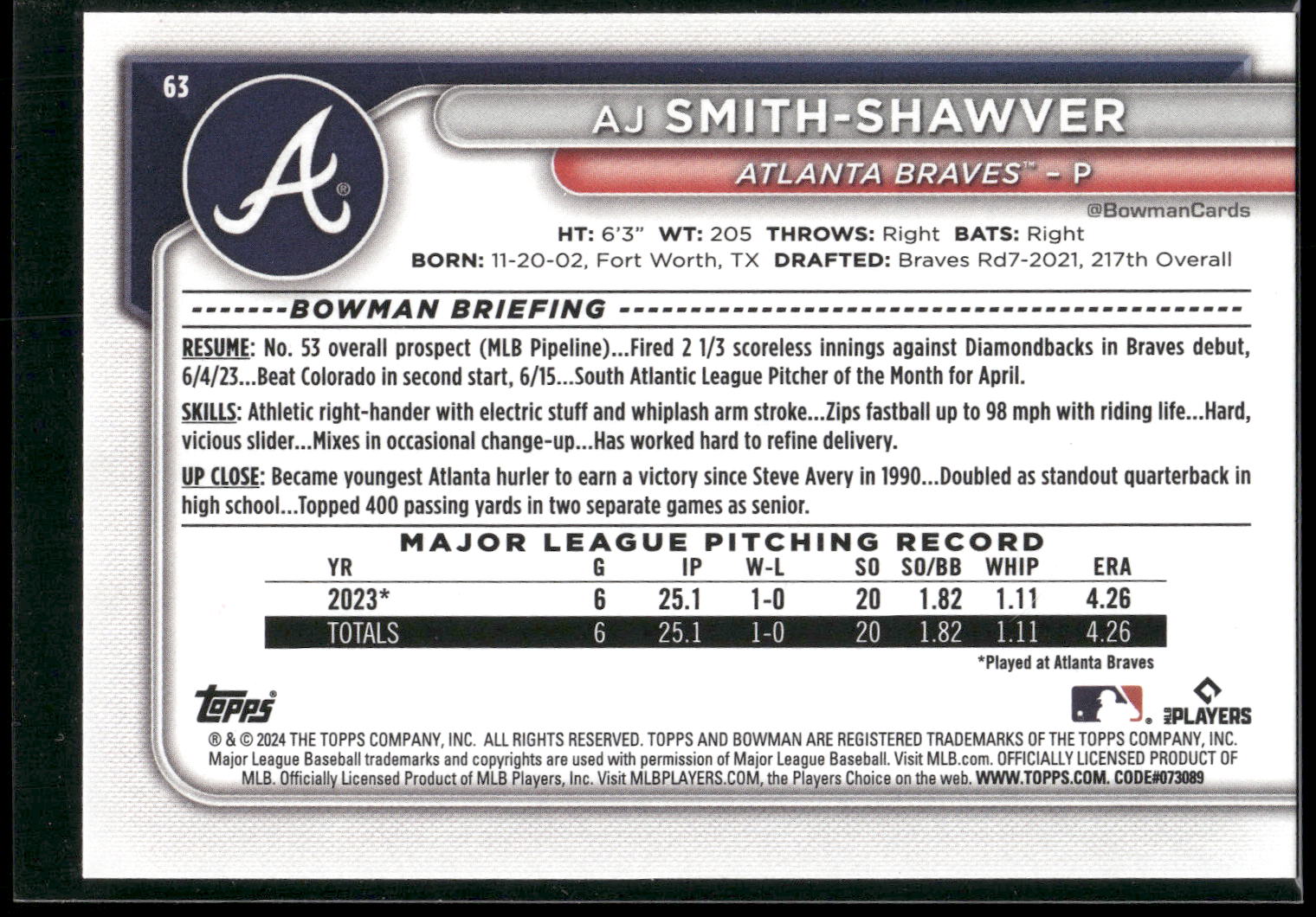 2024 Bowman #63 AJ Smith-Shawver
