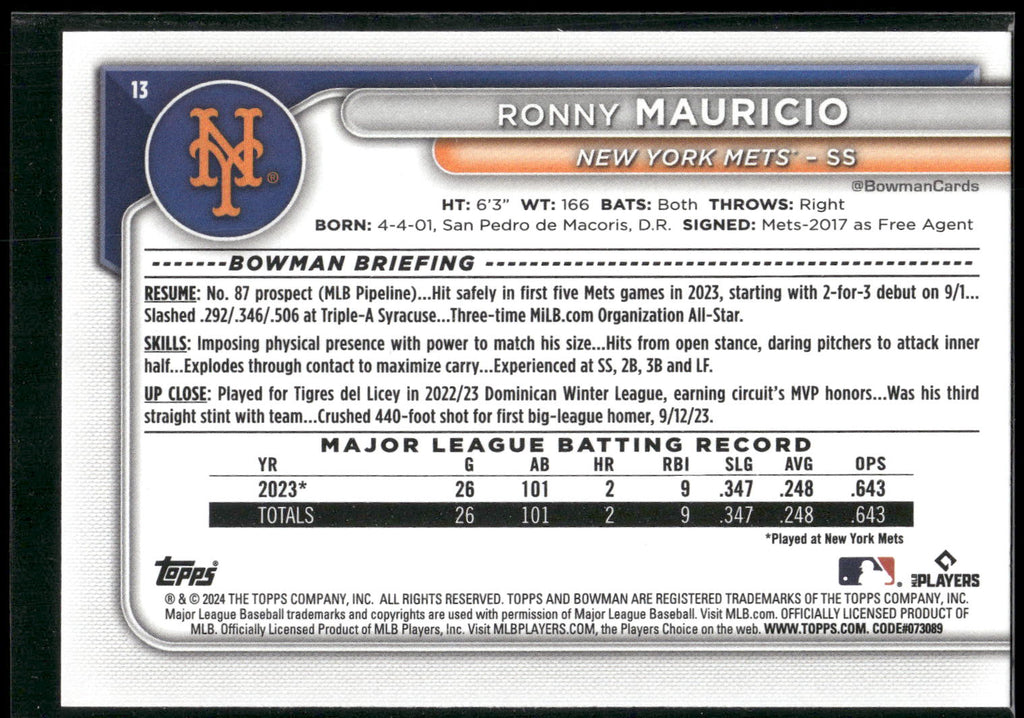 2024 Bowman #13 Ronny Mauricio