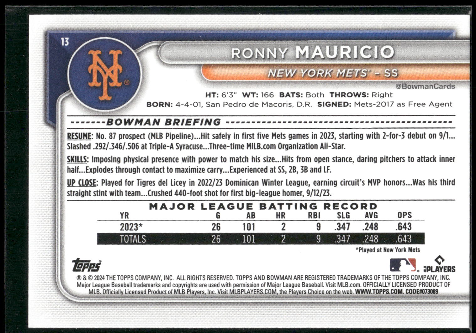 2024 Bowman #13 Ronny Mauricio