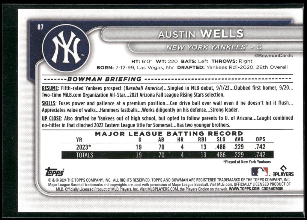 2024 Bowman #87 Austin Wells