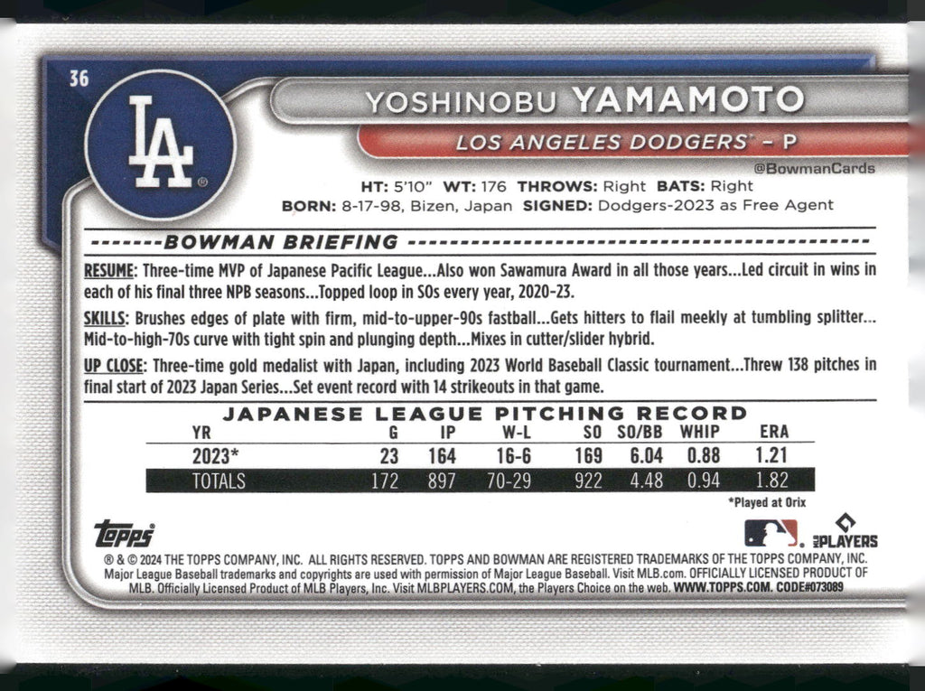 2024 Bowman #36 Yoshinobu Yamamoto